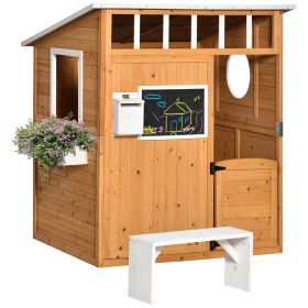 Outsunny Outdoor Wooden Playhouse for Kids, Cottage, Door, Windows, Mailbox, Bench, Flower Pot Holder