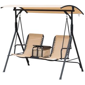 Outsunny 2-Person Porch Swing with Canopy Beige Covered Patio Swing Pivot Storage Table Cup Holder
