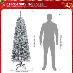 6 FT Snow Flocked Hinged Christmas Tree, Artificial Pencil Christmas Tree