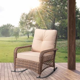 Modern Porch Wicker Rocking Chair for Outdoor Patio,All Weather Rattan Rocker,Brown Rattan, Beige Cushion (Color: Beige)